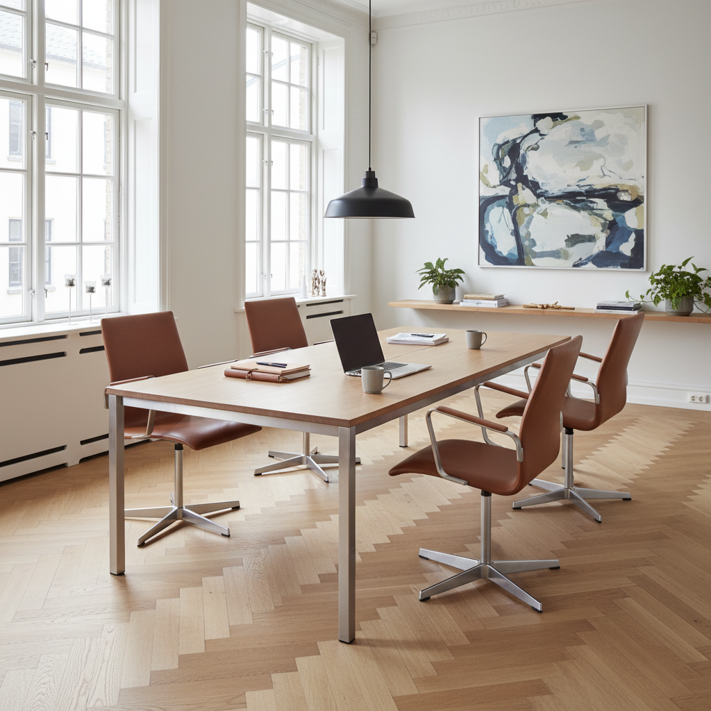 AUO NORD Arne Jacobsen Oxford kontorstole med høj ryg i cognacfarvet soft læder og poleret kromstel ved spisebord