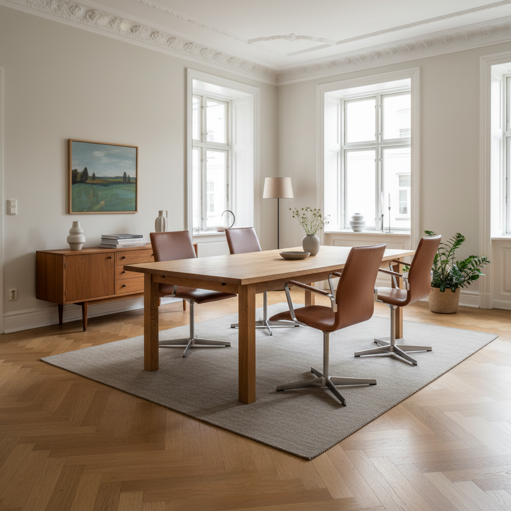 AUO NORD Arne Jacobsen Oxford stole med høj ryg i cognacfarvet soft læder ved et træbord i en lys stue