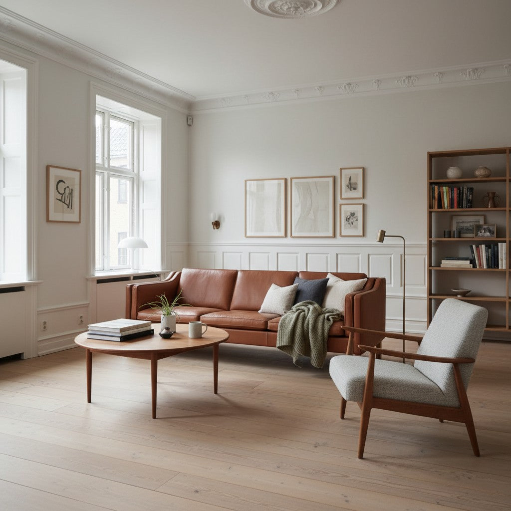 AUO NORD renoveret Børge Mogensen 2213 3-personers sofa i brunt læder placeret i en lys stue med dansk design.