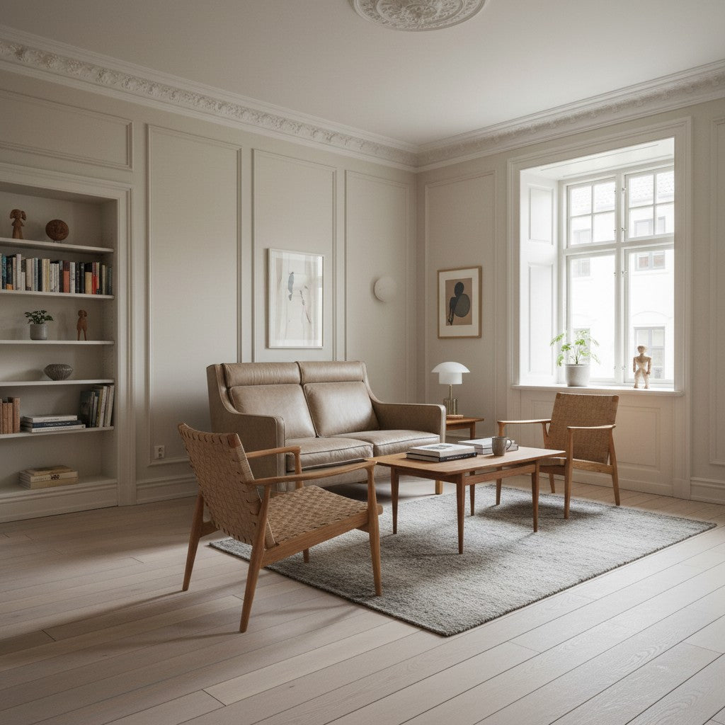AUO NORD Børge Mogensen model 2432 sofa i lysebrunt Dunes anilinlæder placeret i en lys skandinavisk stue.