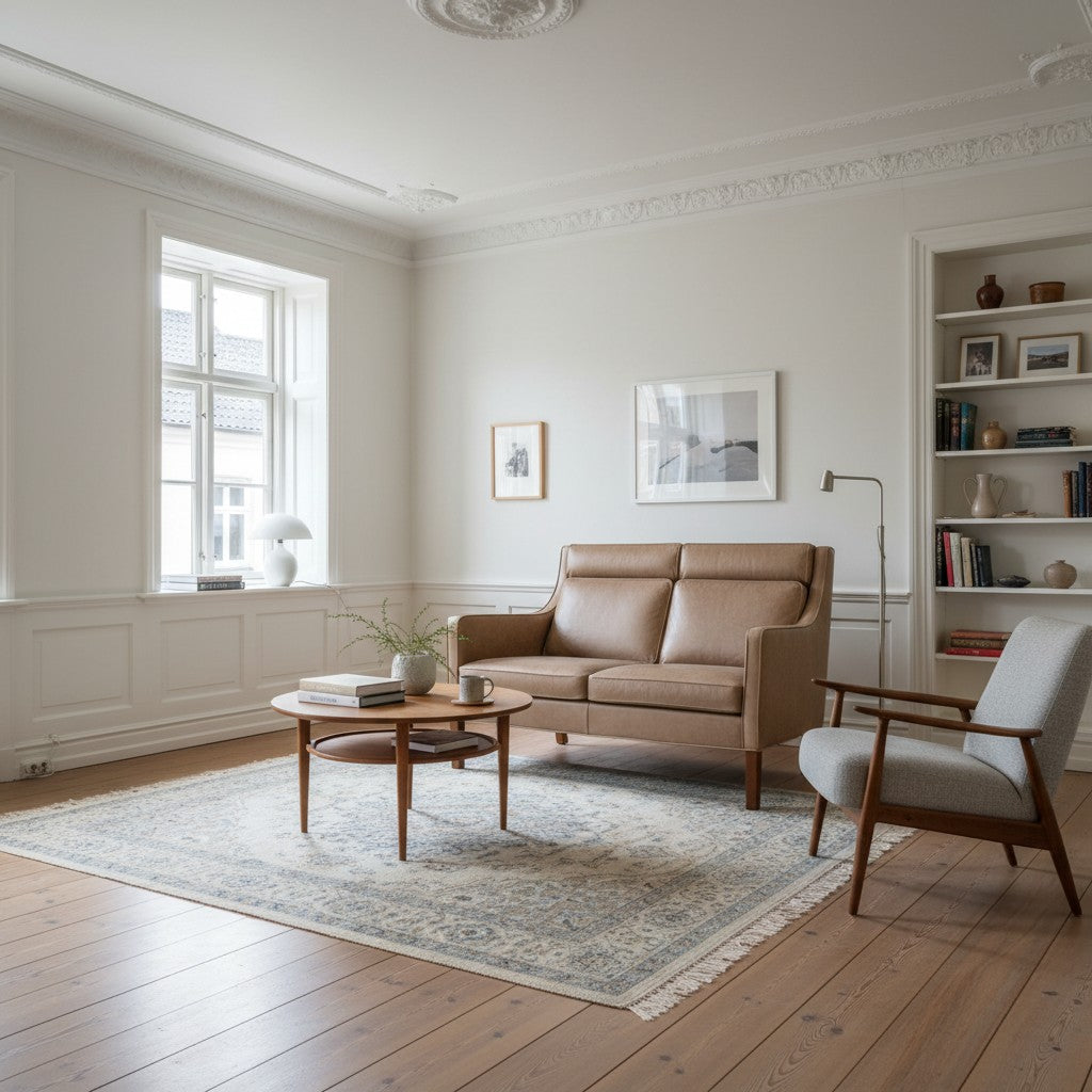 AUO NORD Børge Mogensen model 2432 sofa i lysebrunt Dunes anilinlæder med valnødben i en lys stue