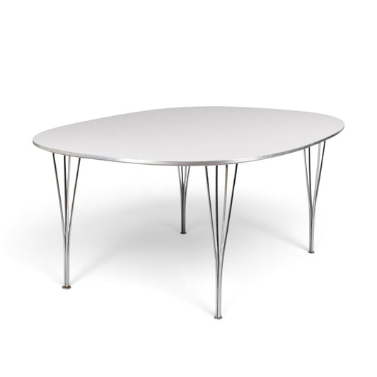 AUO NORD Piet Hein Superellipse bord fra Fritz Hansen med hvid laminatplade og ikoniske stålben i dansk design