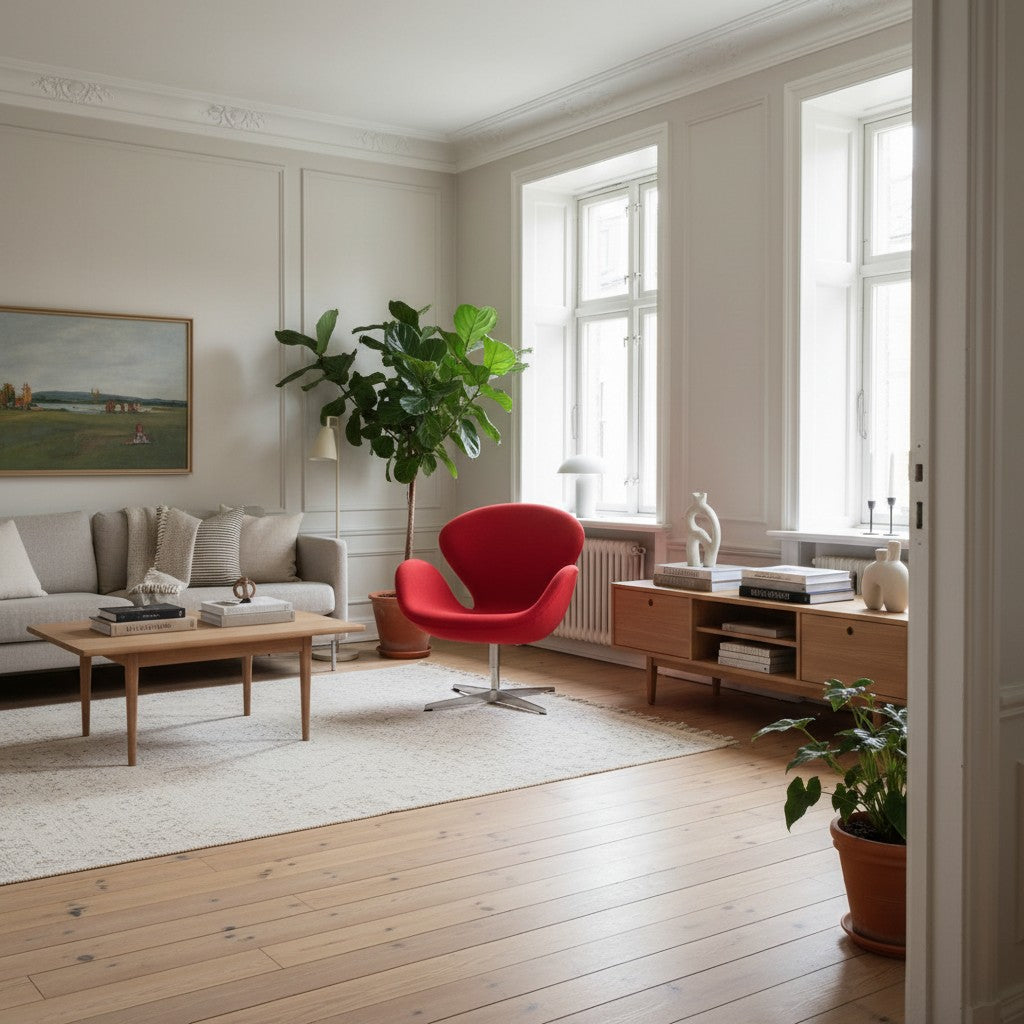 AUO NORD Svanen lænestol af Arne Jacobsen betrukket med rød uld, placeret i en lys stue med trægulv og planter.